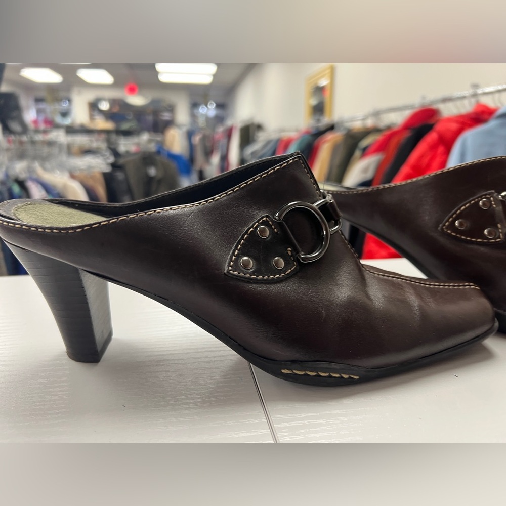 Aerosoles Brown Leather Heeled Mules | Comfort Slip-On Buckle Heels, 8.5